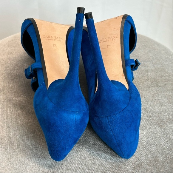 ZARA Blue High Heel Suede Leather Pointed Toe Bootie Pumps EUR 37 - Picture 11 of 14